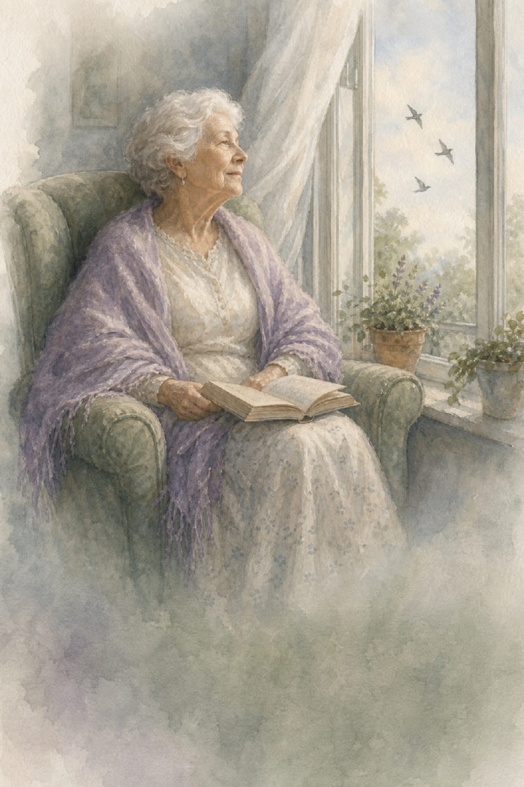 Watercolour of an elderly woman reading in a green armchair beside an open window