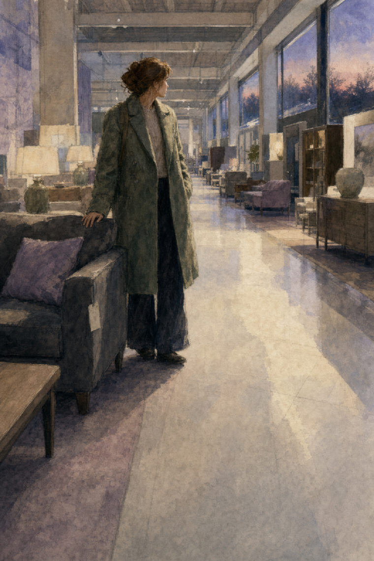 Watercolour of a woman standing alone beside a grey sofa in an empty showroom at dusk