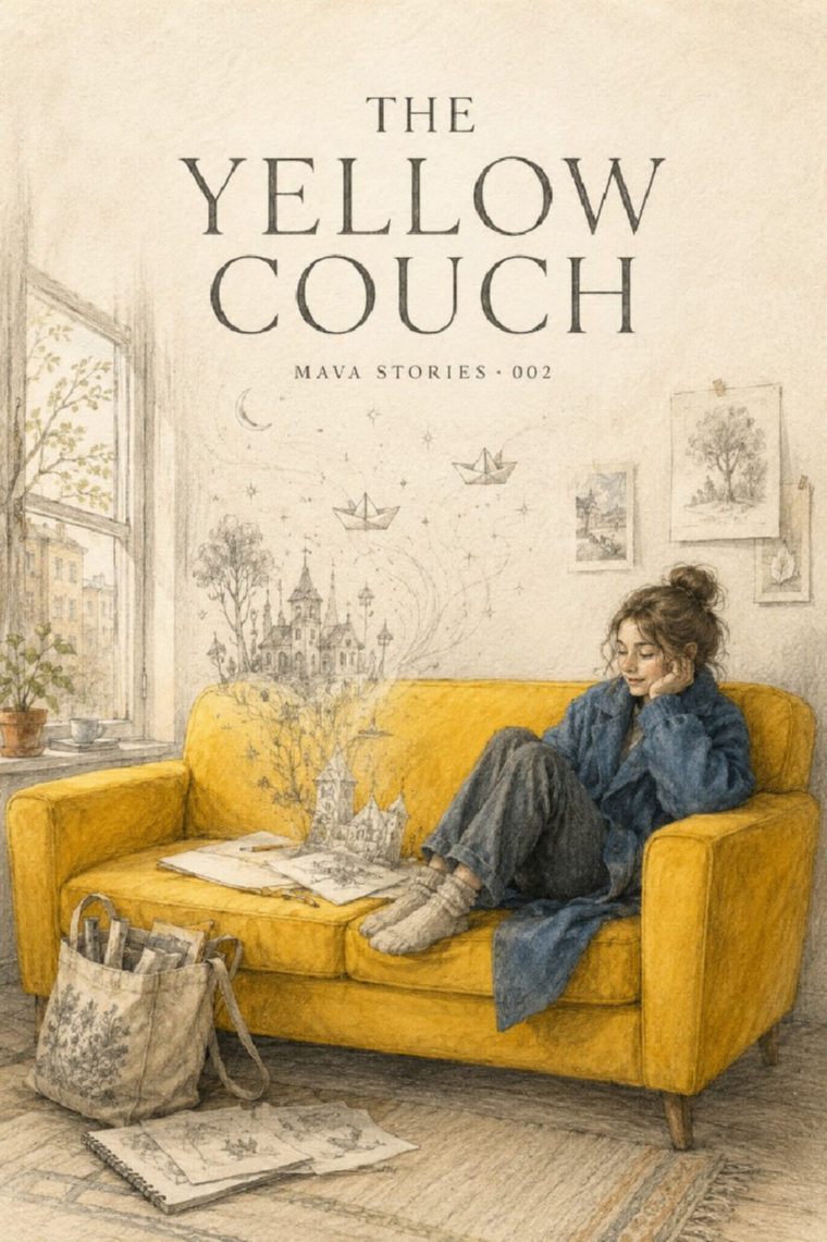 Watercolour of a young woman in a blue coat sitting on a yellow couch while sketched castles and paper boats rise from an open sketchbook