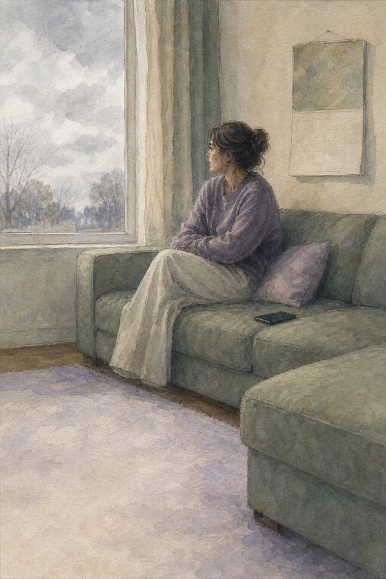 Watercolour of a woman sitting on a green sectional sofa by a window with her phone face down