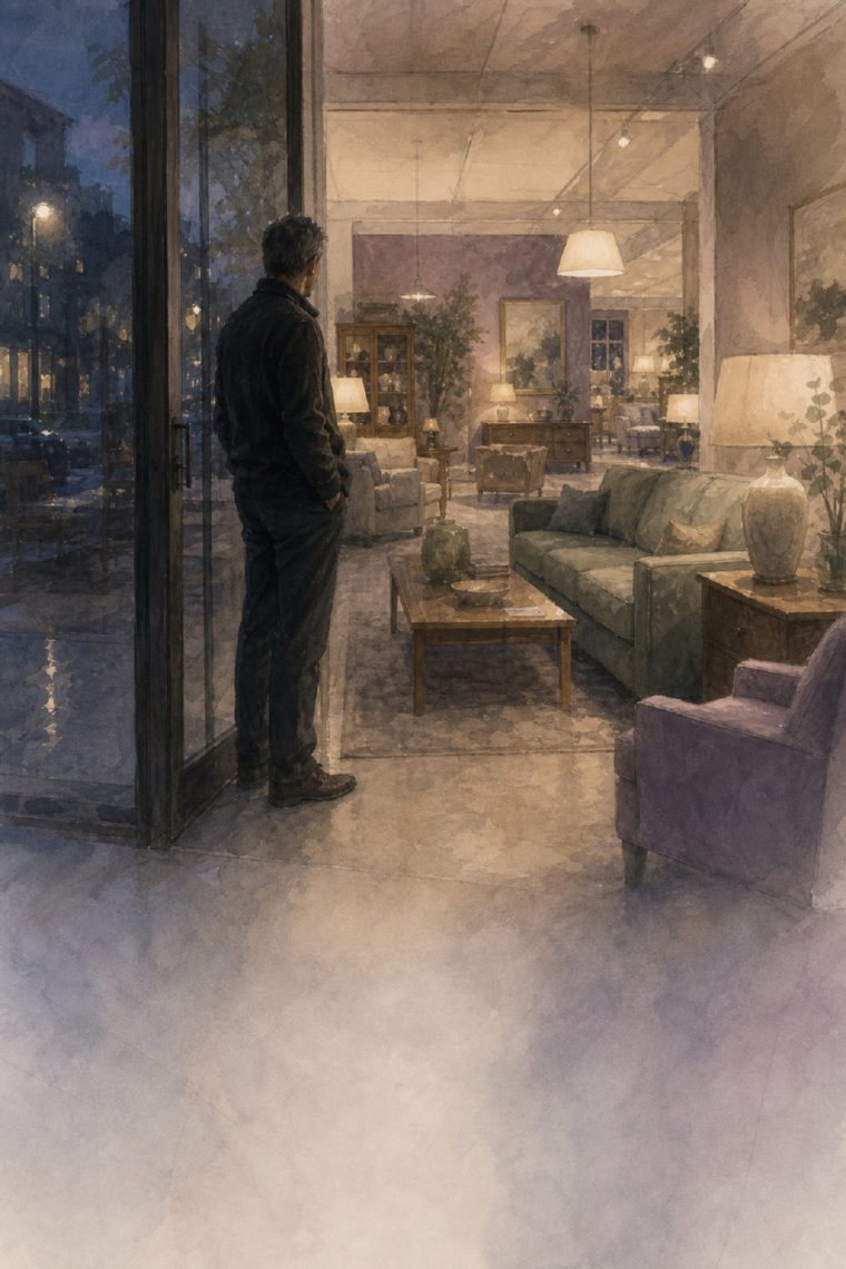 Watercolour of a shop owner standing at the glass door of his lit showroom in the evening